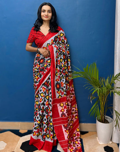 White & Red Pure Soft Mulmul Cotton Saree With Printed Work