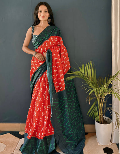 Green & Red Pure Soft Mulmul Cotton Saree With Block Printed Work