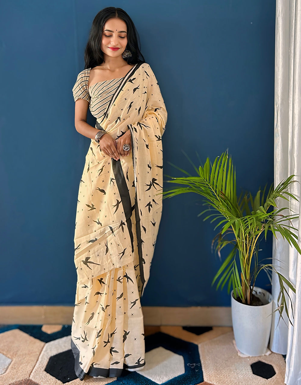 Cream Pure Soft Mulmul Cotton Saree With Block Printed Work