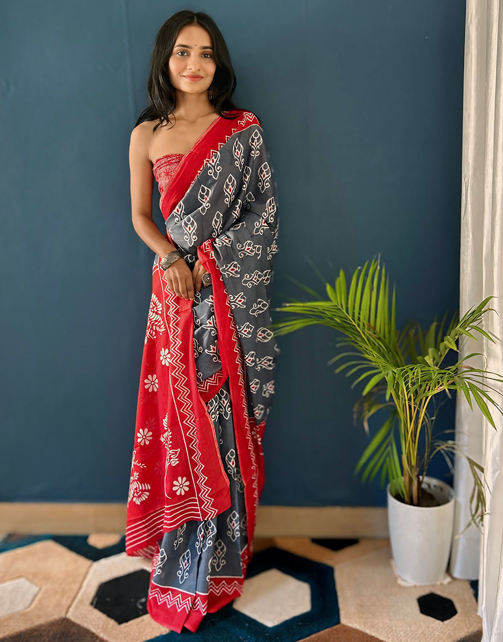 Gray & Red Pure Soft Mulmul Cotton Saree With Block Printed Work