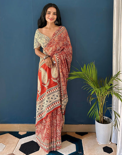 Red & Cream Pure Soft Mulmul Cotton Saree With Block & Printed Work