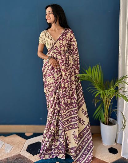 Purple Pure Mulmul Cotton Saree With Ajrakh Block Printed Work