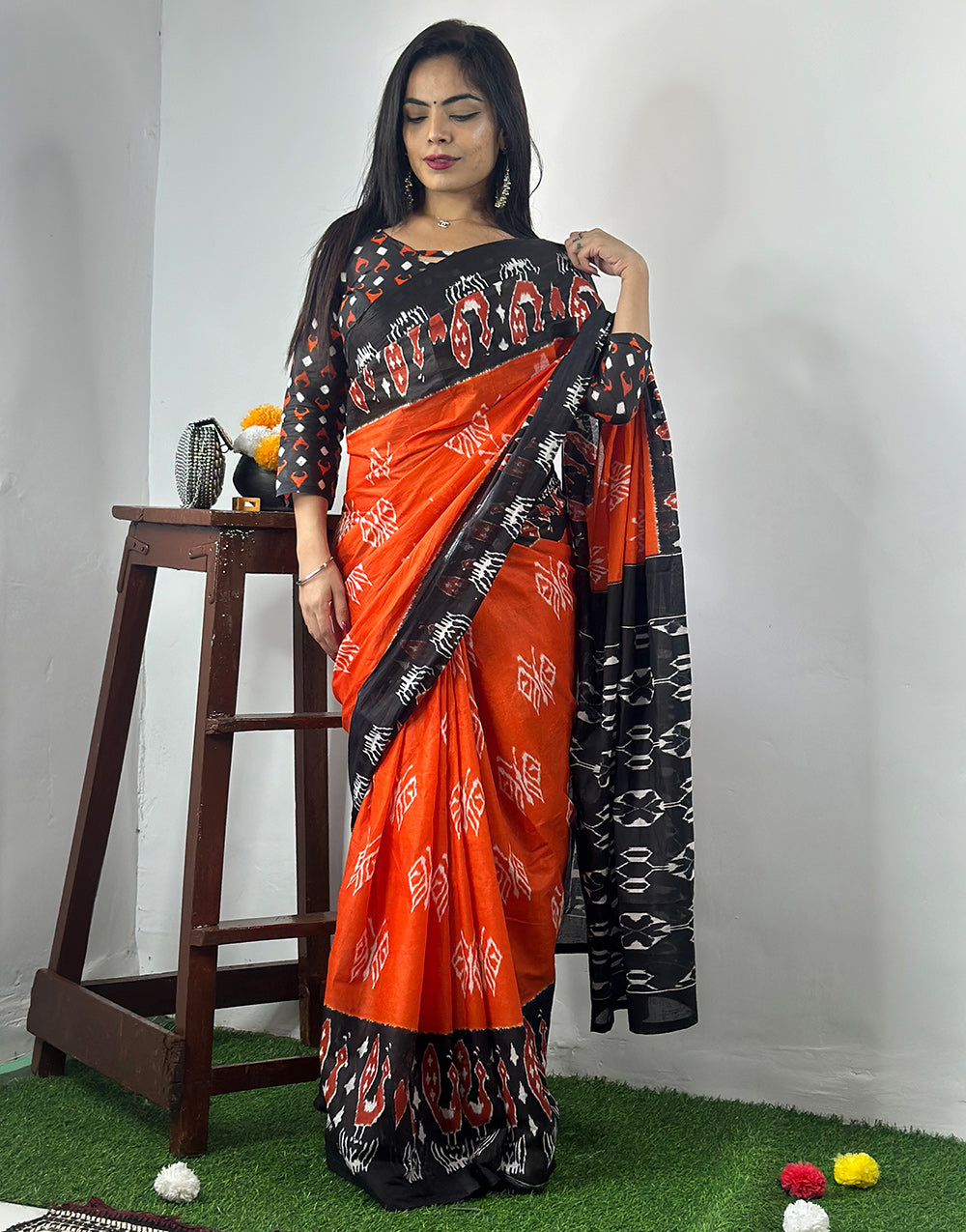 Dark Orange & Black Pure Soft Cotton Saree With Block Printed Work