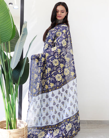 Navy Blue Pure Soft Cotton Saree With Floral Printed Work