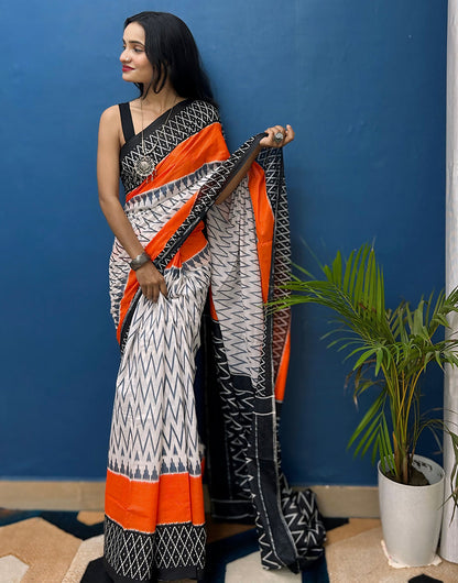 White & Black Pure Soft Mulmul Cotton Saree With Block Printed Work