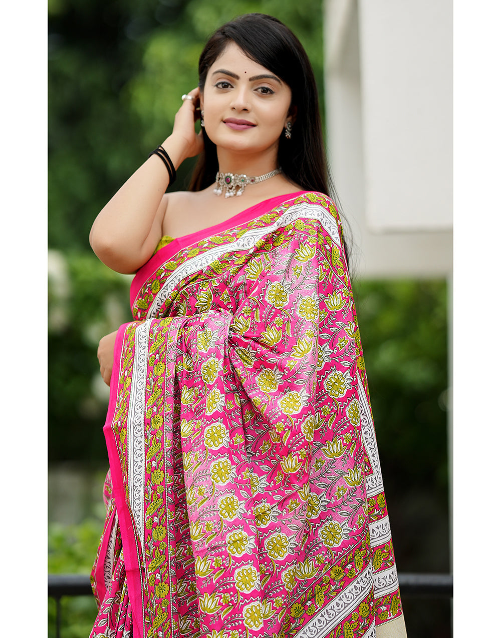 Pink Mulmul Cotton Saree With Block Printed Work