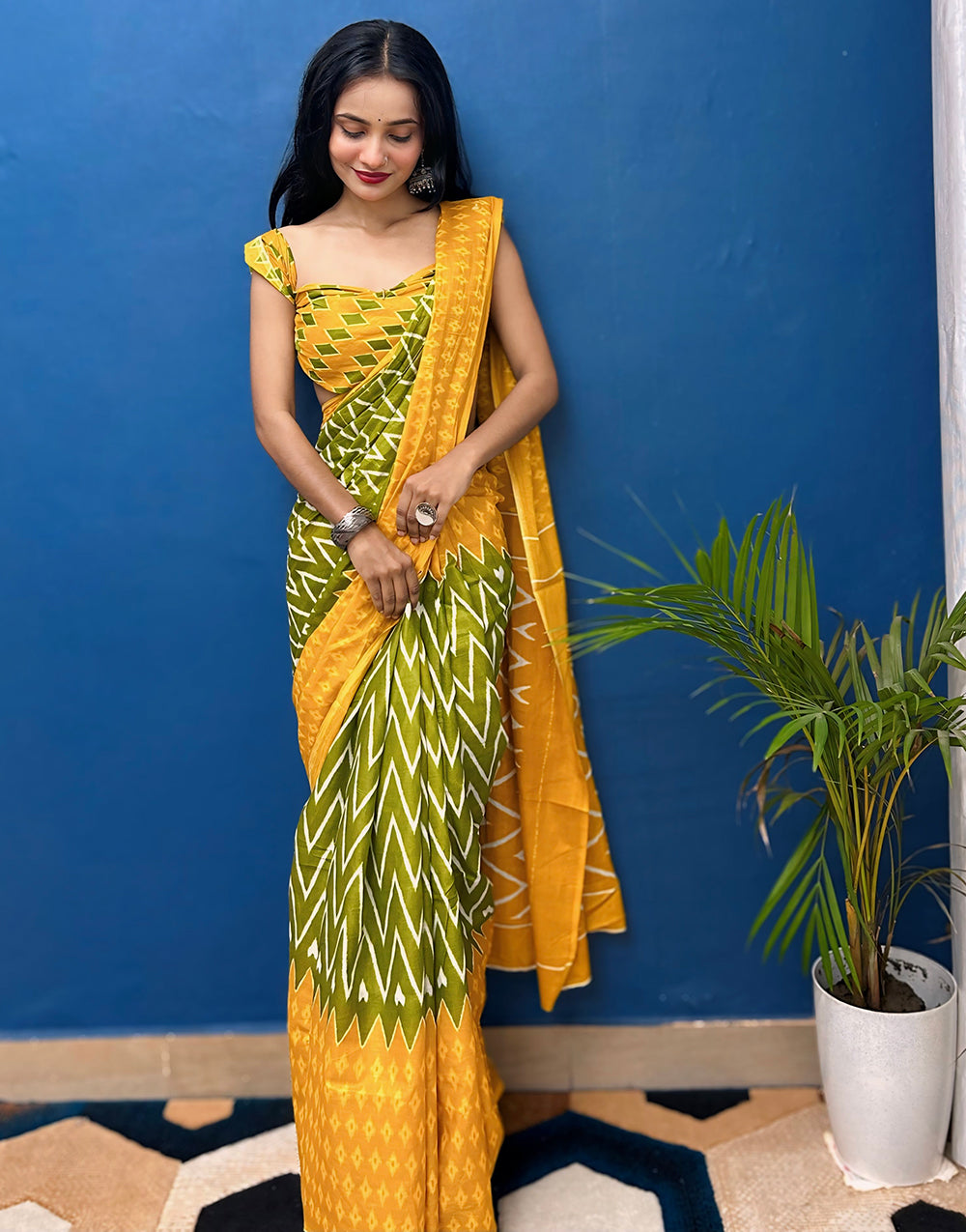 Yellow & Green Pure Soft Mulmul Cotton Saree With Printed Work