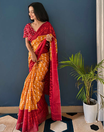 Red & Orange Pure Soft Mulmul Cotton Saree With Printed Work