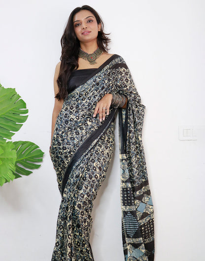 Black & Off White Pure Soft Cotton Saree With Printed Work