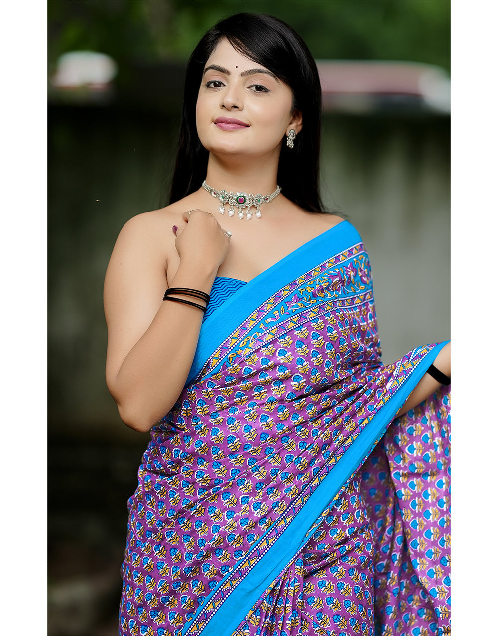 Lavender Mulmul Cotton Saree With Block Printed Work