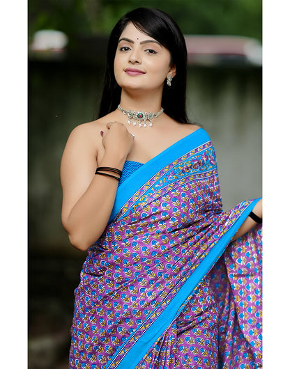 Lavender Mulmul Cotton Saree With Block Printed Work