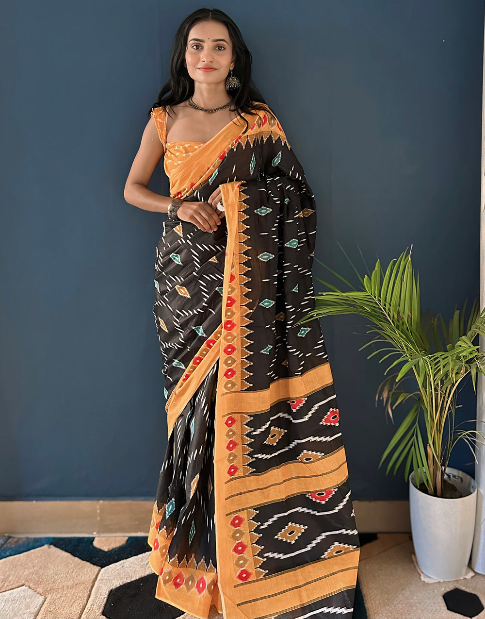 Black & Pale Orange Pure Cotton Saree With Printed Work