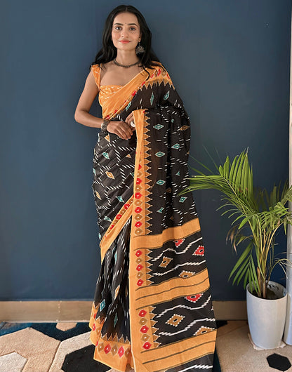 Black & Pale Orange Pure Cotton Saree With Printed Work