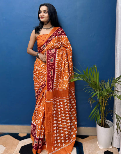 Orange Soft Mulmul Cotton Saree With Printed Work