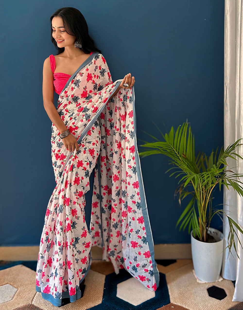 White & Pink Pure Soft Mulmul Cotton Saree With Block Printed Work