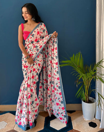 White & Pink Pure Soft Mulmul Cotton Saree With Block Printed Work