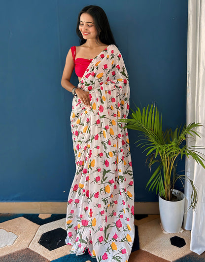 White & Rani Pink Pure Cotton Saree With Floral Printed Work