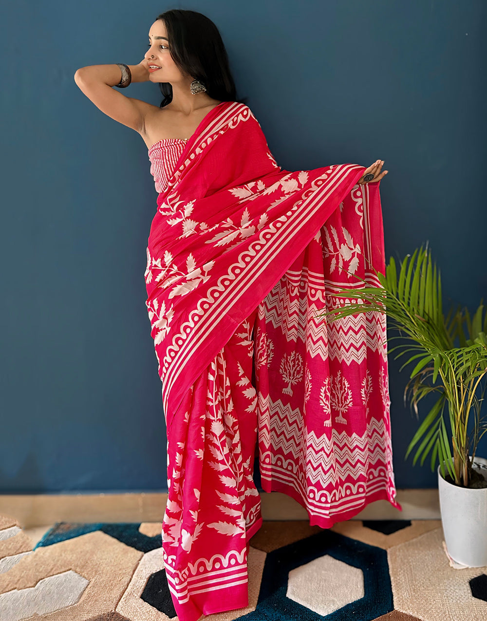 Crimson Red Soft Pure Cotton Saree With Block Printed Work