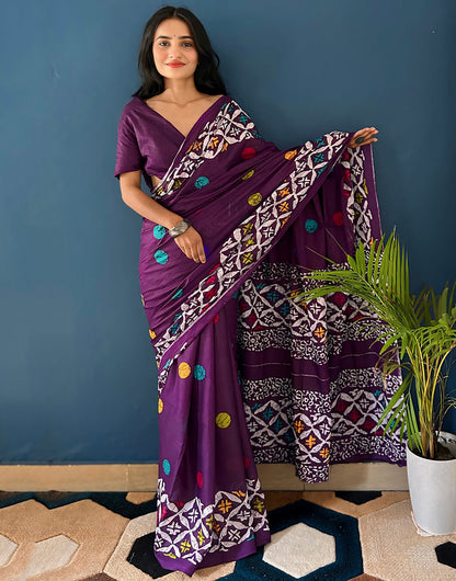 Plum Purple Soft Pure Mulmul Cotton Saree With Printed Work