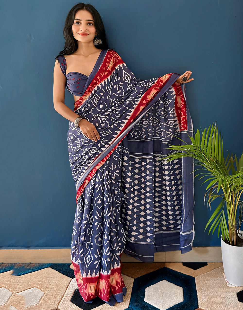 Space Blue Soft Pure Cotton Saree With Block Printed Work