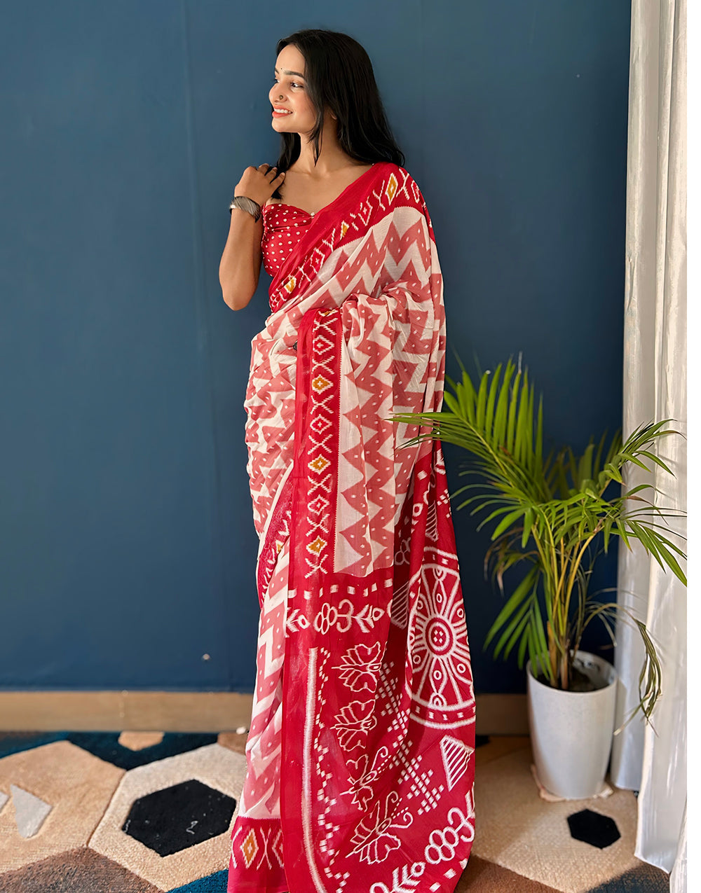 Red & White Pure Cotton Saree With  Hand Block Printed Work