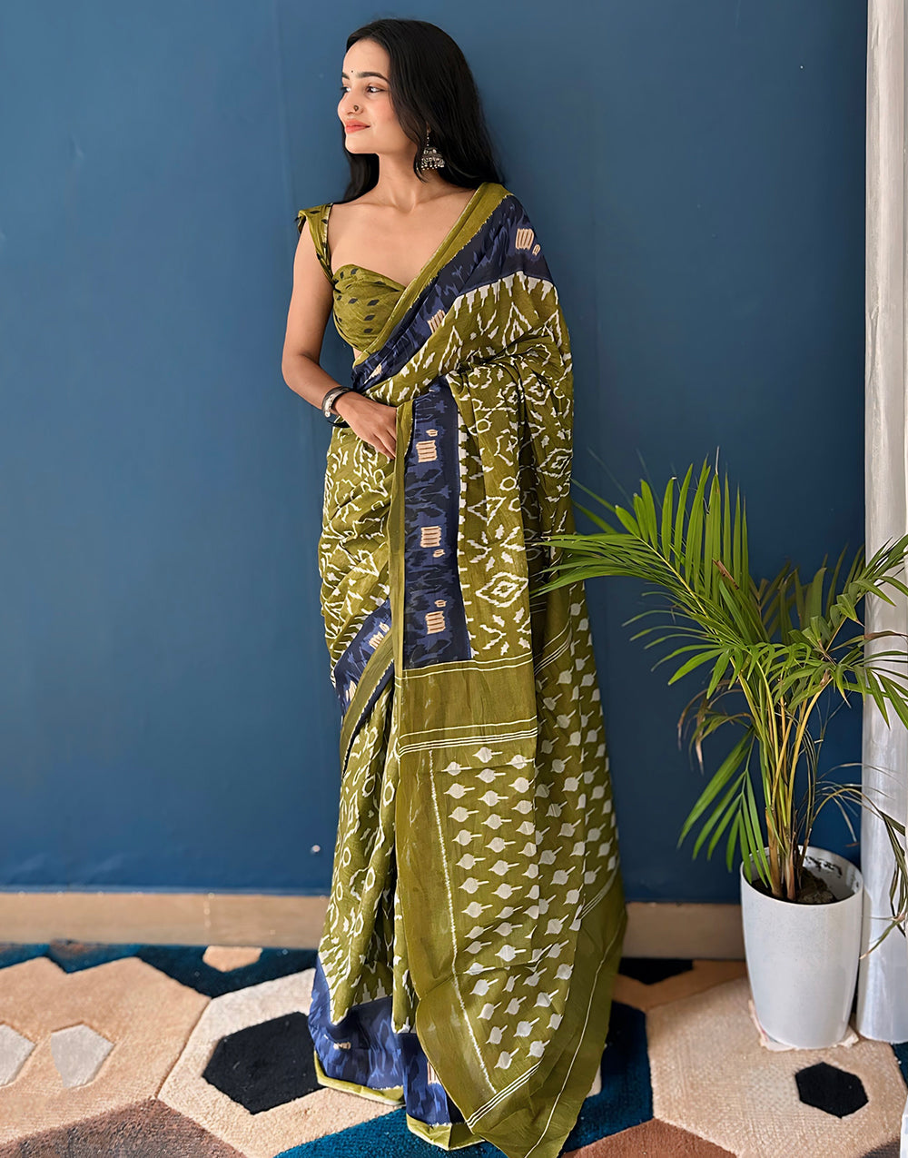 Olive Green Soft Pure Cotton Saree With Block Printed Work