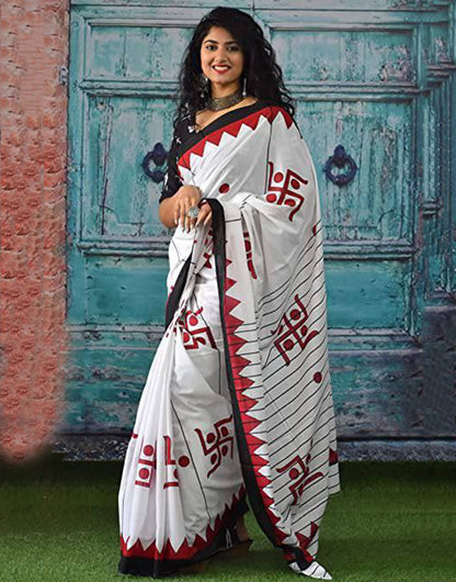 White & Maroon Hand Block Print Jaipuri Pure Cotton Soft Saree