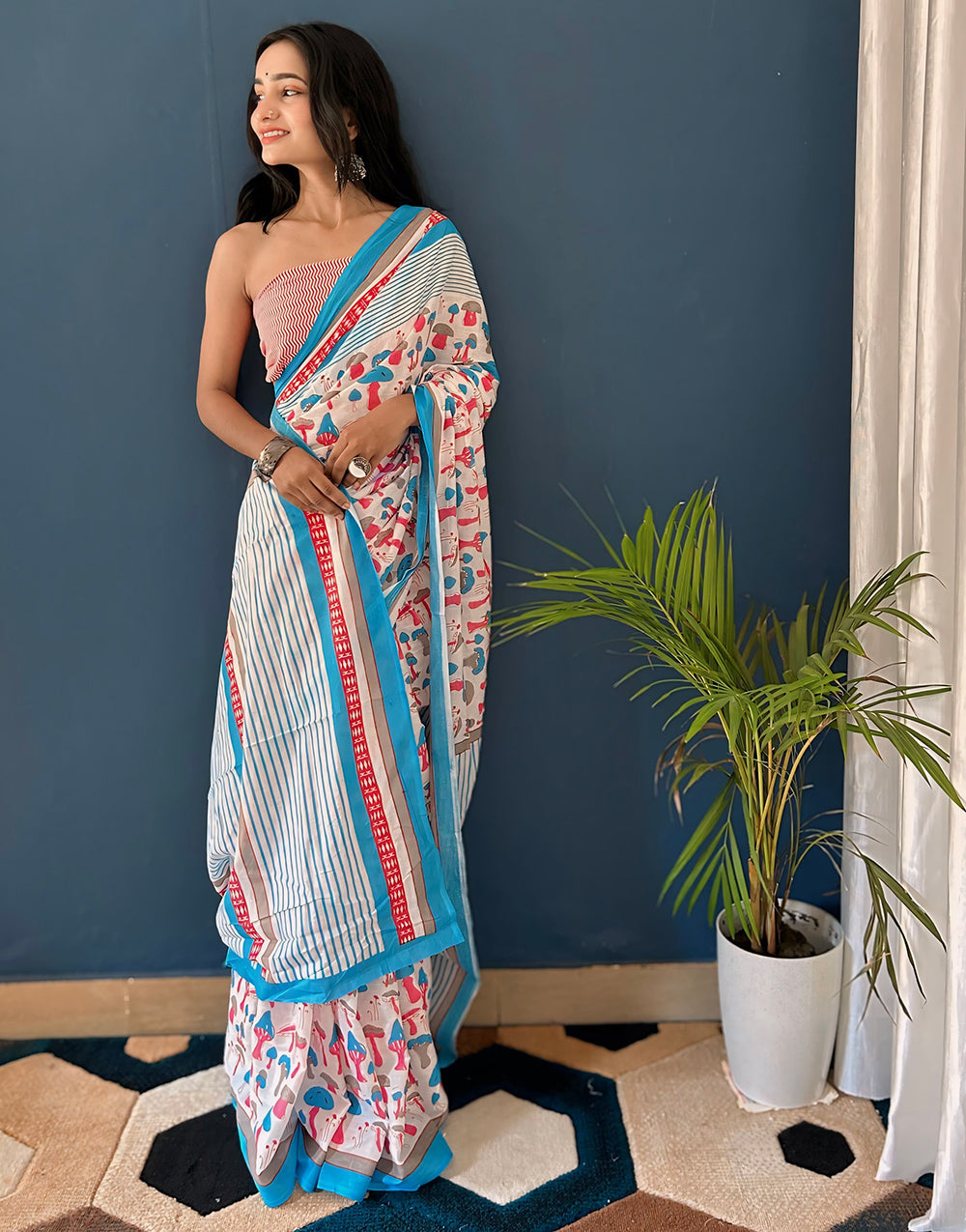 White & Sky Blue Pure Soft Mulmul Cotton Saree With Block Printed Work