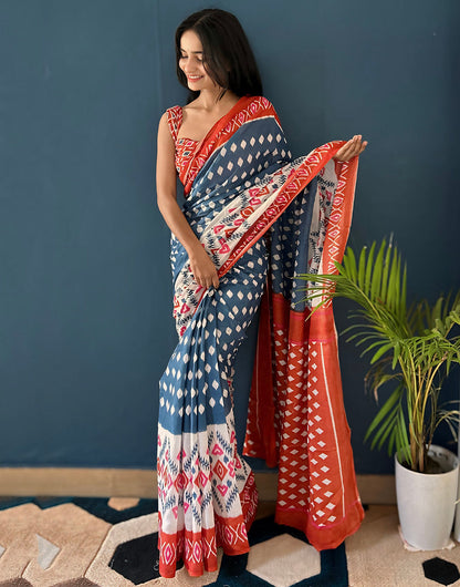 Steel Blue Soft Pure Cotton Saree With Printed Work