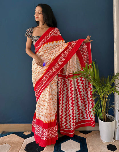 Light Cream & Red Pure Soft Mulmul Cotton Saree With Block Printed Work