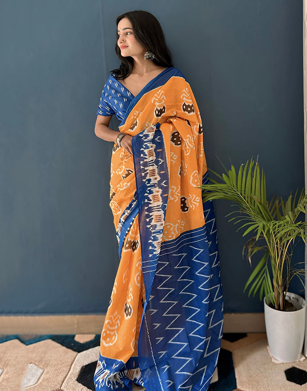 Apricot Orange Soft Pure Cotton Saree With Block Printed Work