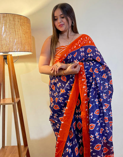 Midnight Blue & Orange Pure Soft Cotton Saree With Block Printed Work