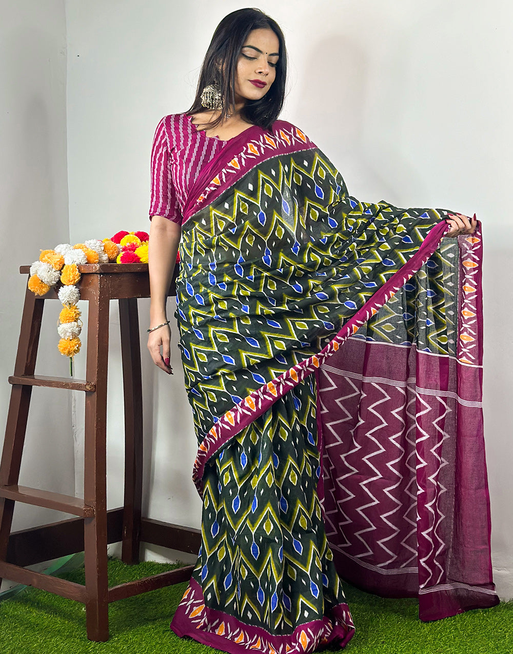 Dark Green & Magenta Pure Soft Cotton Saree With Block Printed Work