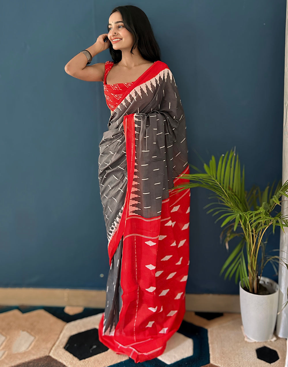 Grey Soft Pure Mulmul Cotton Saree With Printed Work