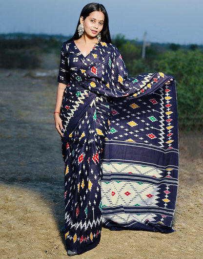 Oxford Blue Pure Soft Cotton Saree With Printed Work