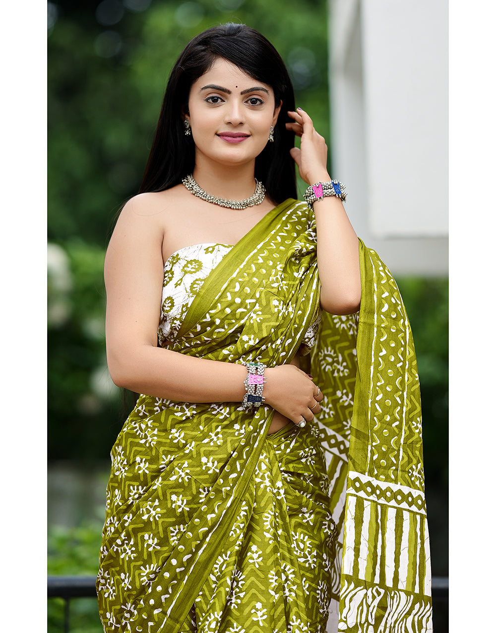 Olive Green Soft Mulmul Cotton Saree With Block Printed Work