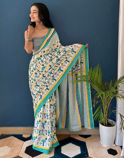 White & Sea Green Pure Soft Cotton Saree With Block Printed Work