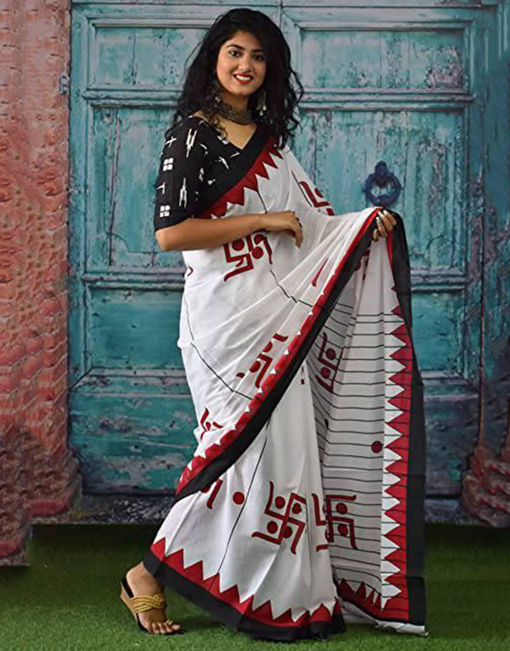 White & Maroon Hand Block Print Jaipuri Pure Cotton Soft Saree