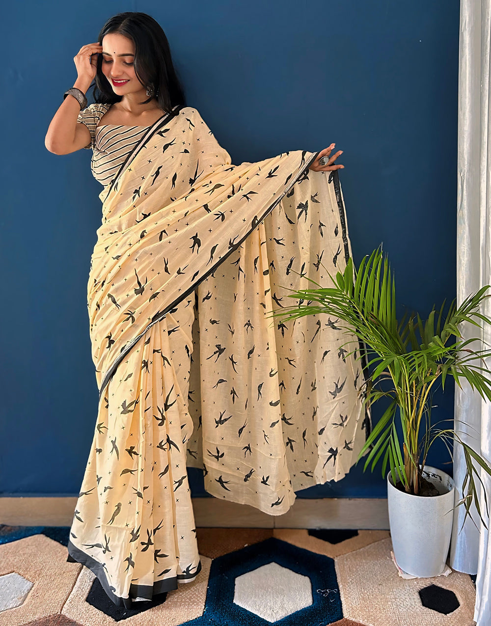 Cream Pure Soft Mulmul Cotton Saree With Block Printed Work