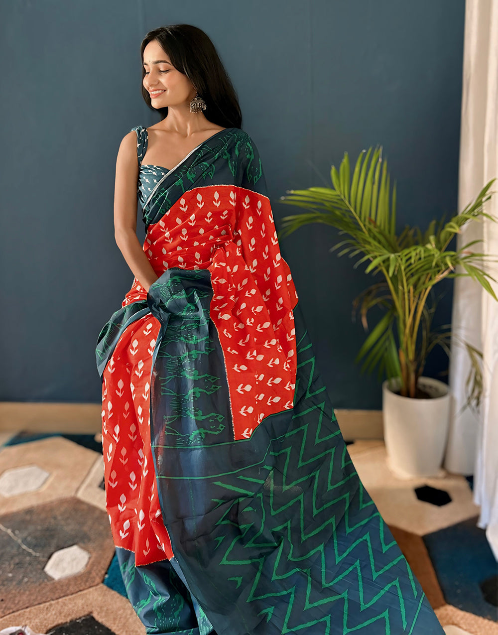 Green & Red Pure Soft Mulmul Cotton Saree With Block Printed Work