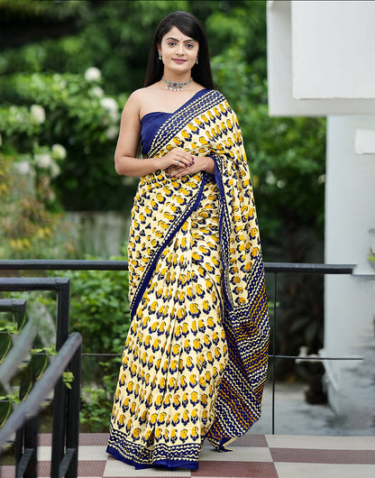 Blond Yellow Mulmul Cotton Saree With Block Printed Work