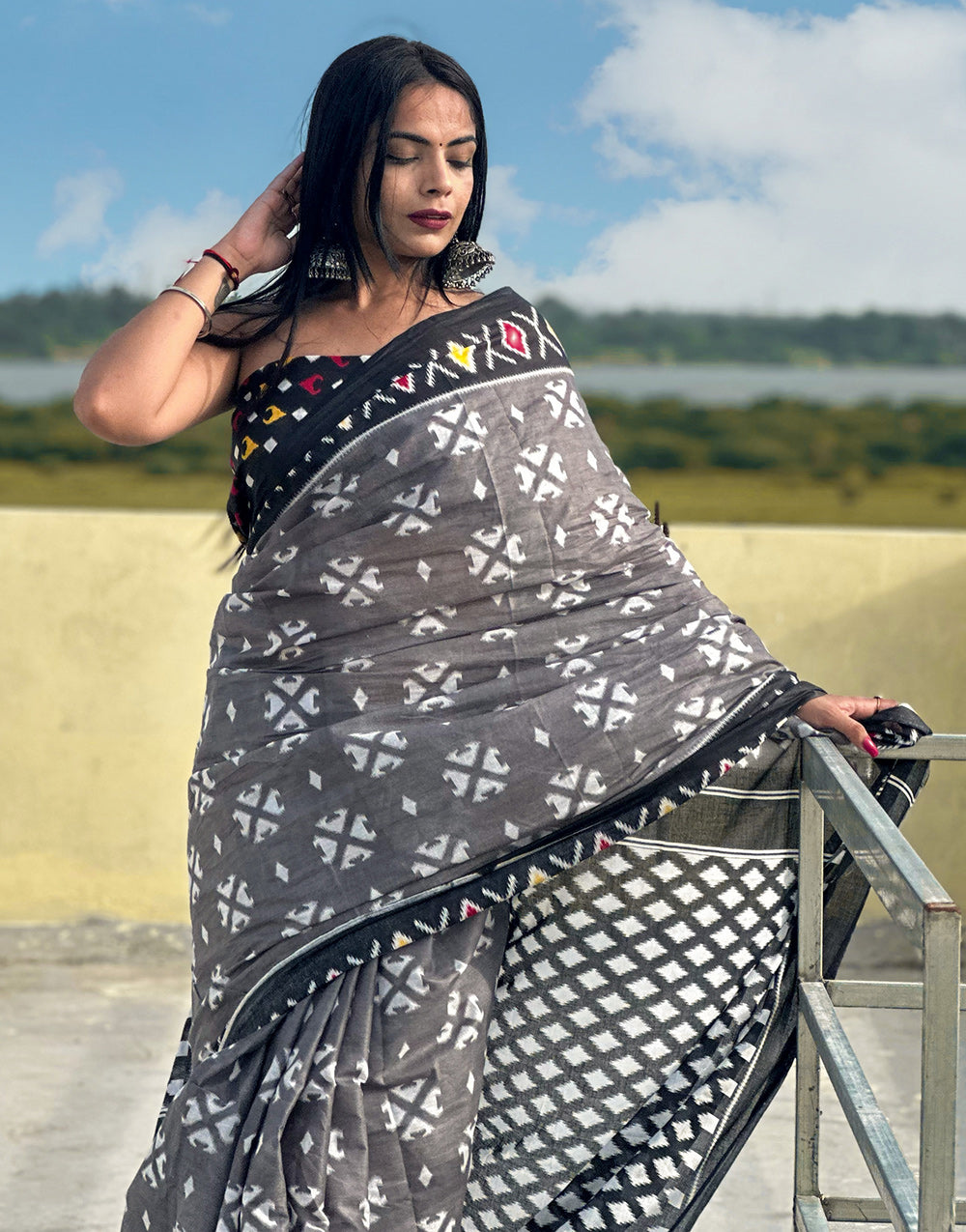 Fossil Grey Pure Soft Cotton Saree With Block Printed Work