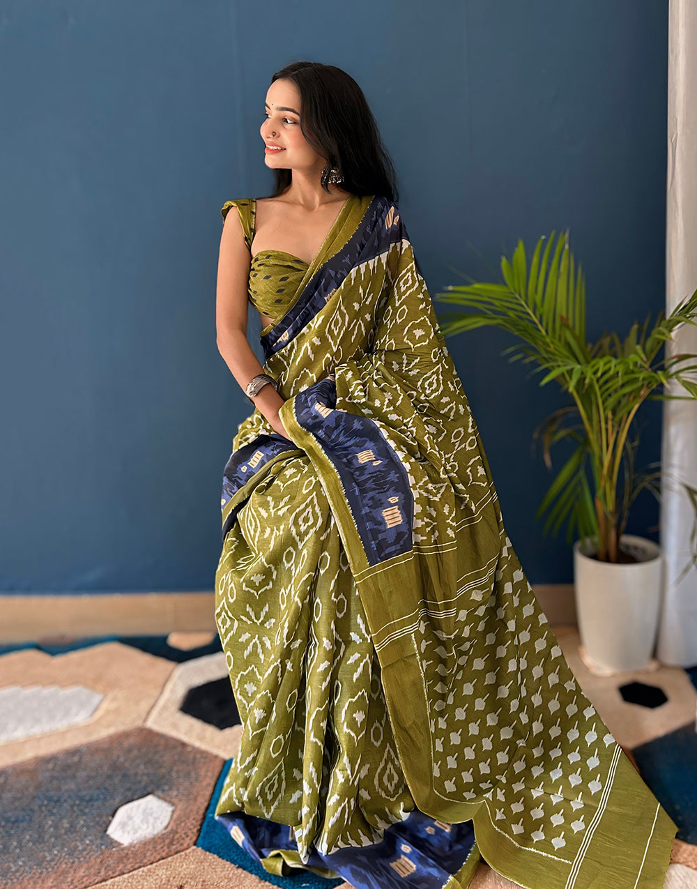 Olive Green Soft Pure Cotton Saree With Block Printed Work