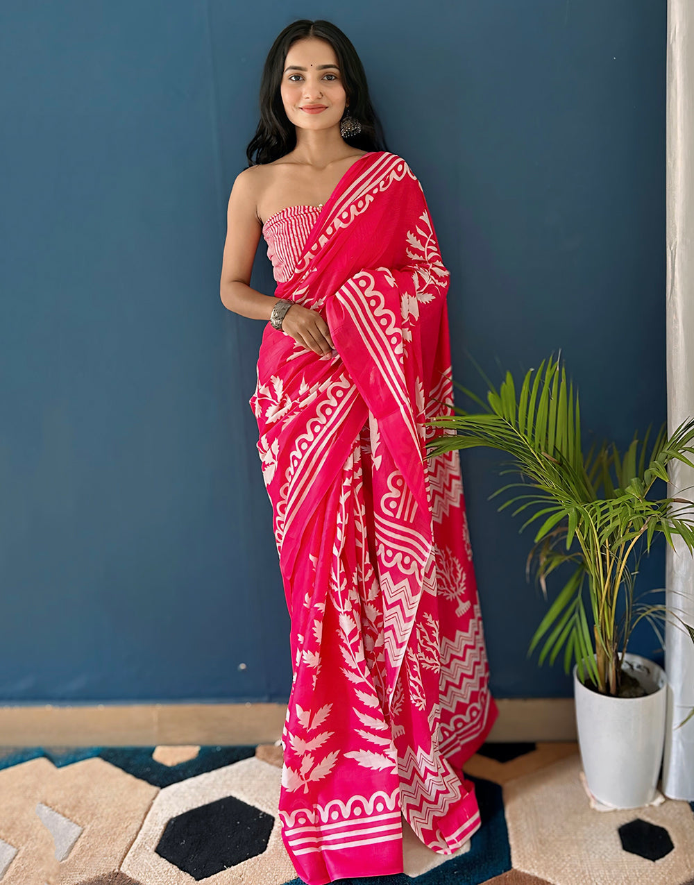 Crimson Red Soft Pure Cotton Saree With Block Printed Work