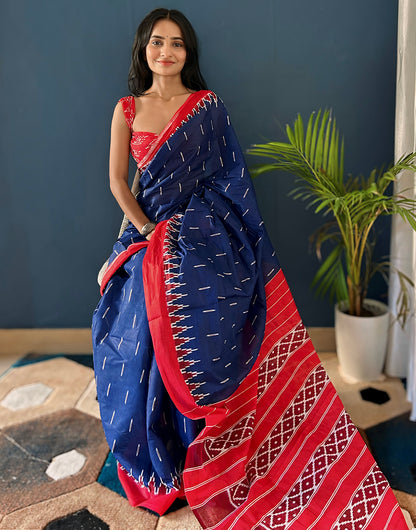 Blue & Red Soft Pure Cotton Saree With Printed Work