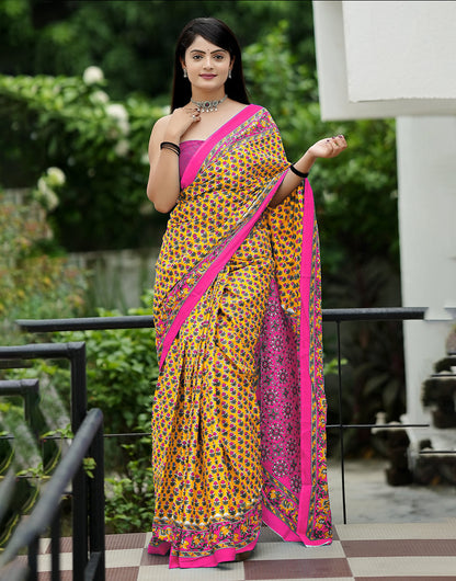 Yellow & Pink Mulmul Cotton Saree With Block Printed Work