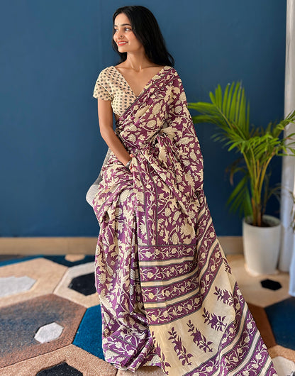 Purple Pure Mulmul Cotton Saree With Ajrakh Block Printed Work