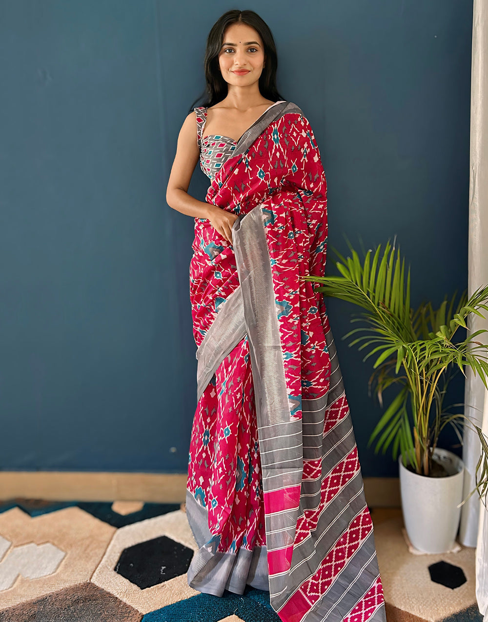 Red & Grey Soft Pure Cotton Saree With Printed Work