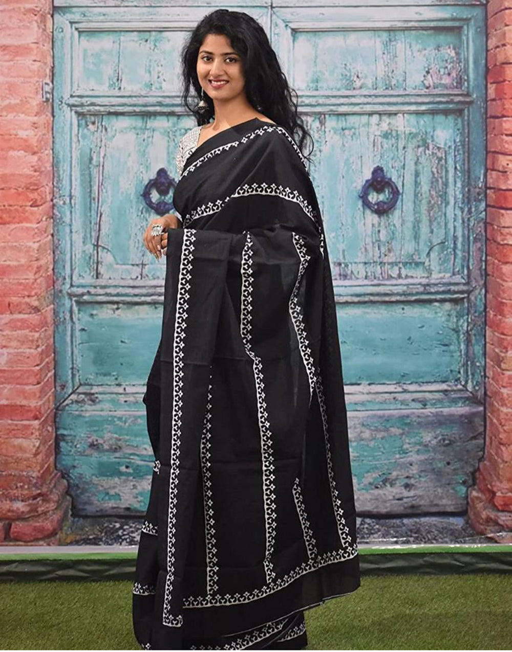 Black Block Printed Ikkat Pure Soft Cotton Saree