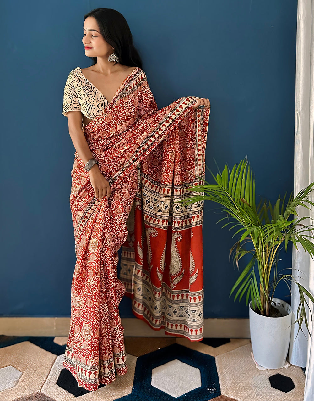 Red & Cream Pure Soft Mulmul Cotton Saree With Block & Printed Work